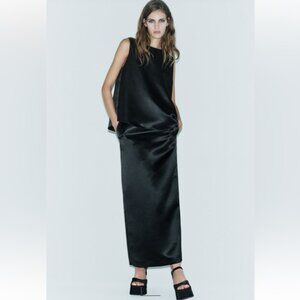 Zara Black Satin Effect high waist Midi Skirt Back Slit Limited Edition XS NWT